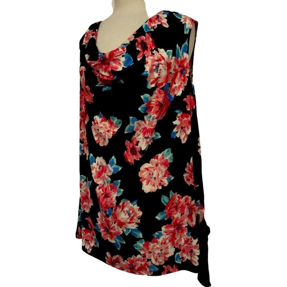 Ellen Tracy Black Tropical Floral Draped Neck Side Tie Sleeveless Top 2X  NEW